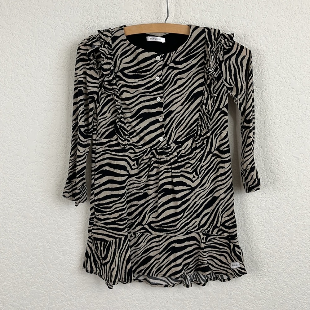 Anine Bing Kids Ruffle Zebra Long Sleve Dress